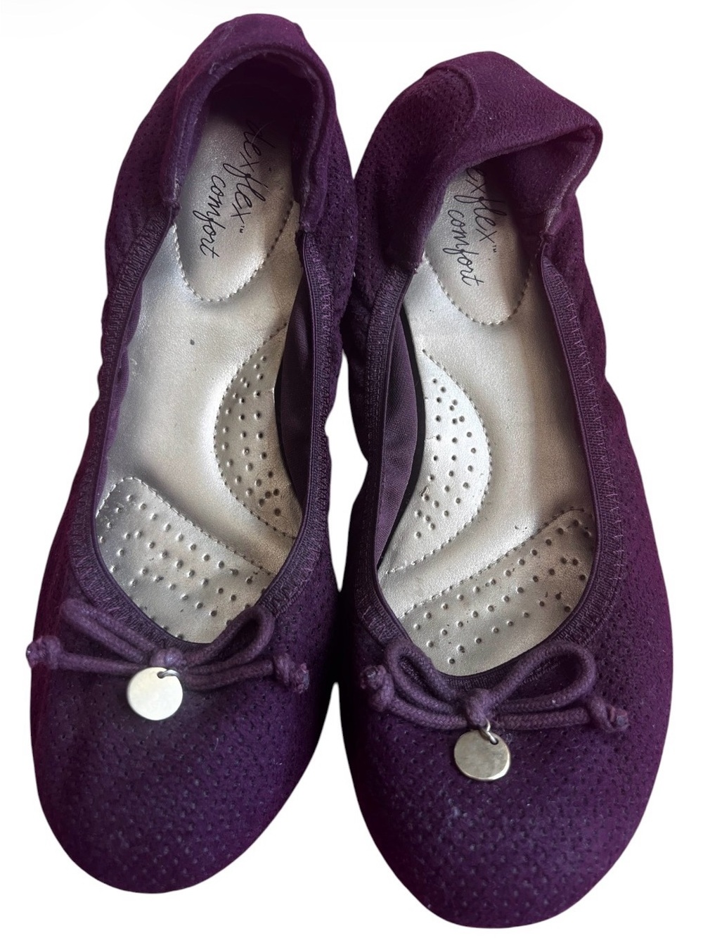 Women's Dexflex Comfort Suede Perforated Bow Ballet Flat Deep Purple.